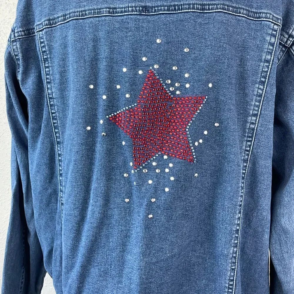 EUC Quacker Factory Womens Forth of July Gem Denim Jean Jacket Size L - Picture 4 of 6
